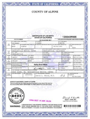 USA State of California Birth Certificate Template