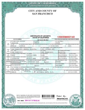 USA San Francisco Birth Certificate Template