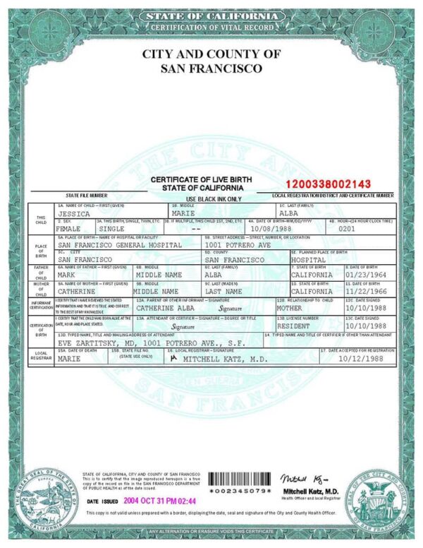 USA San Francisco Birth Certificate Template