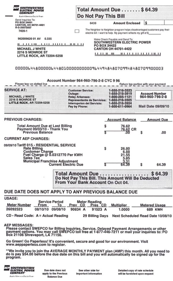 Editable USA Electric Bill Template (Southwestern)