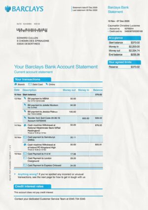 Editable Barclays Bank Statement PSD Template