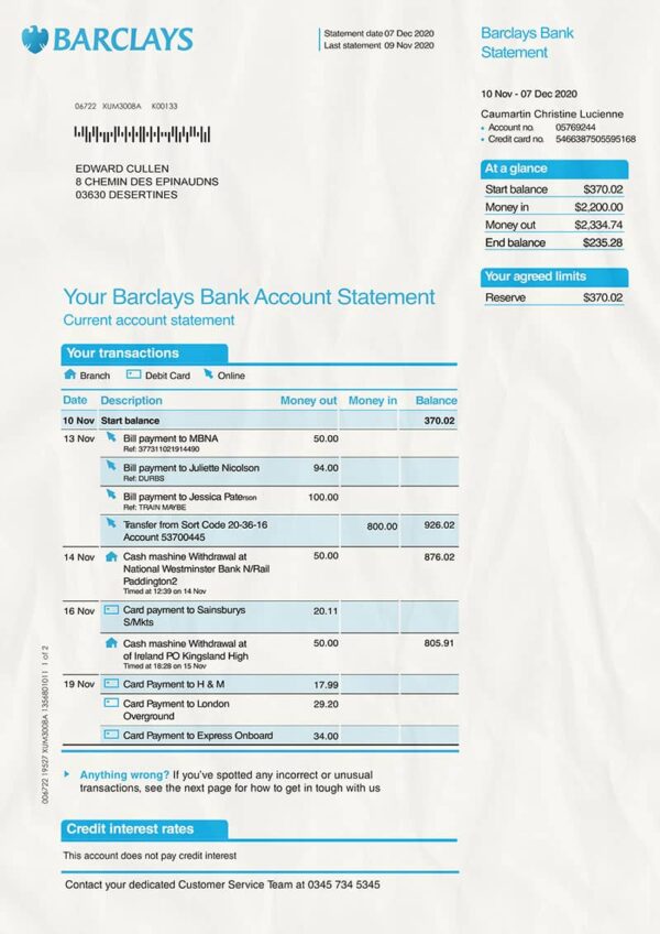 Editable Barclays Bank Statement PSD Template