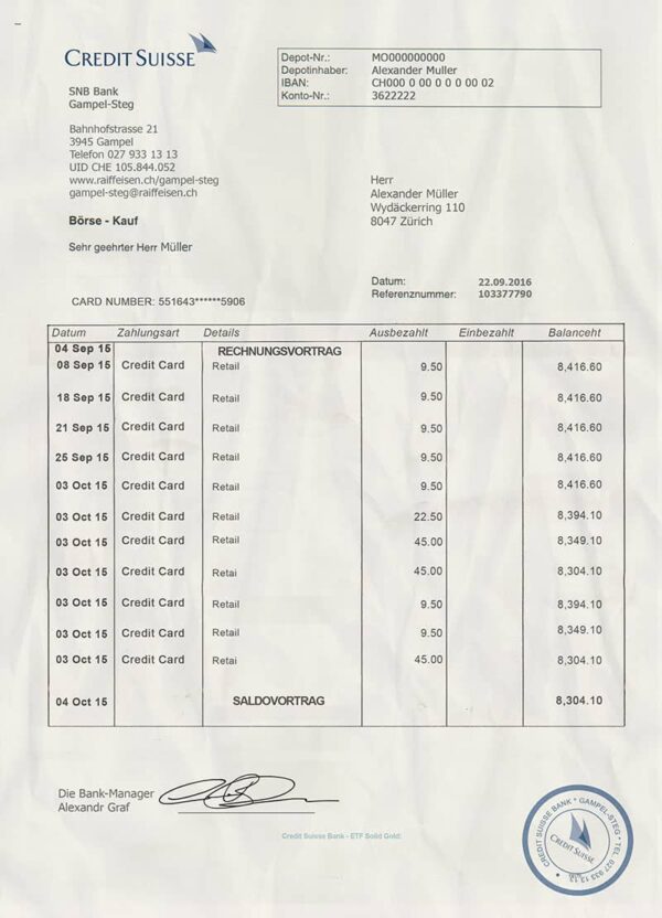 Editable Swiss Bank Statement PSD Template