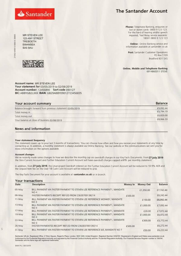 Editable Santander Bank Statement PSD Template