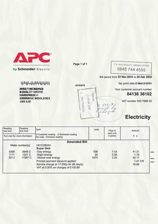 Editable UK Electricity Bill Template (APC)