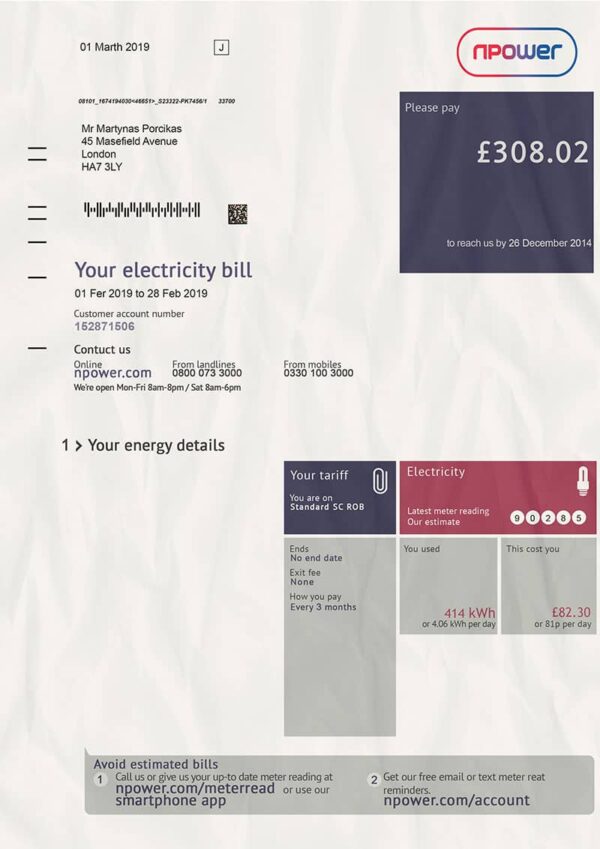 Editable UK Electricity Bill Template (npower)