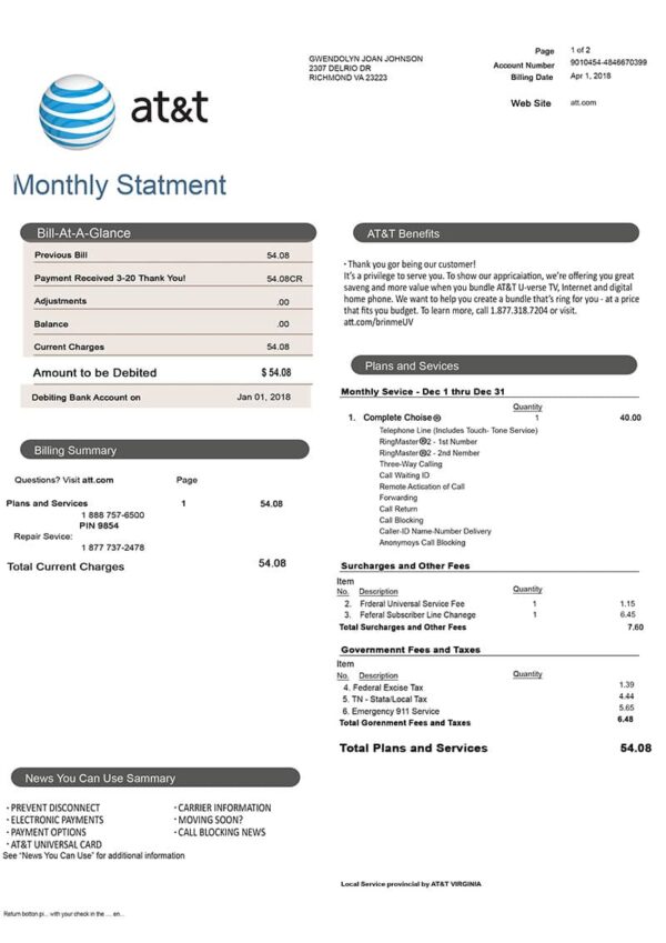 Editable USA AT&T Utility Bill Template