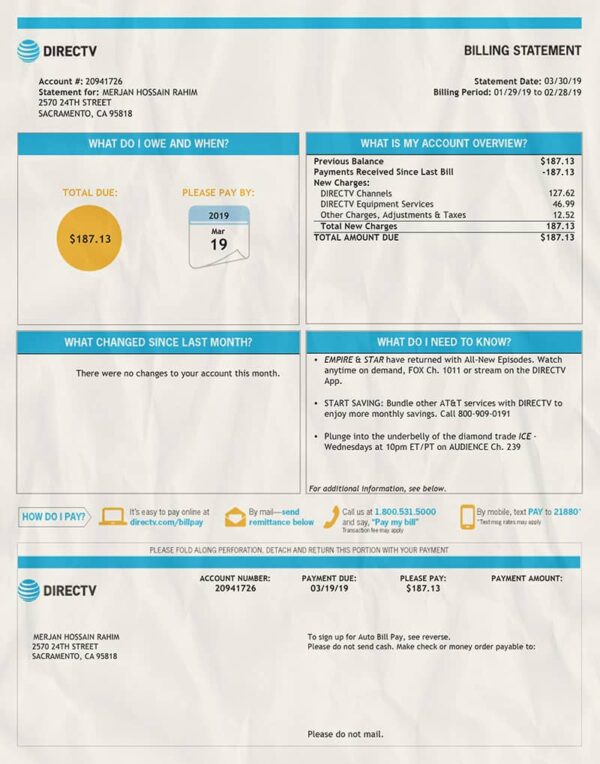 Editable USA Utility Bill Template (DirecTV)