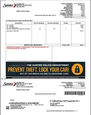 Editable USA Utility Bill Template (Sumter)