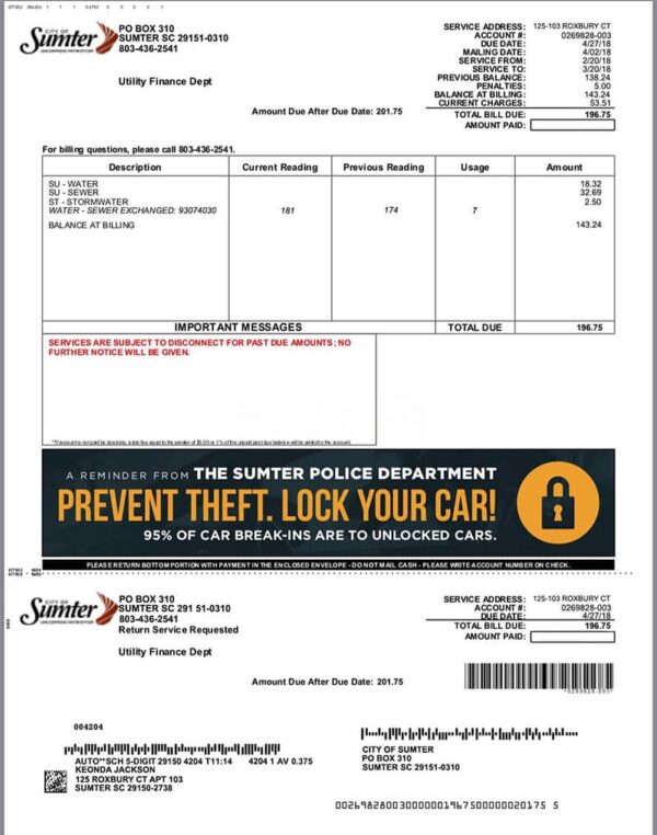 Editable USA Utility Bill Template (Sumter)