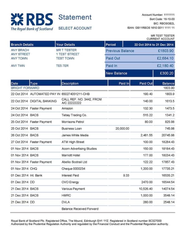 Editable RBS Bank Statement template