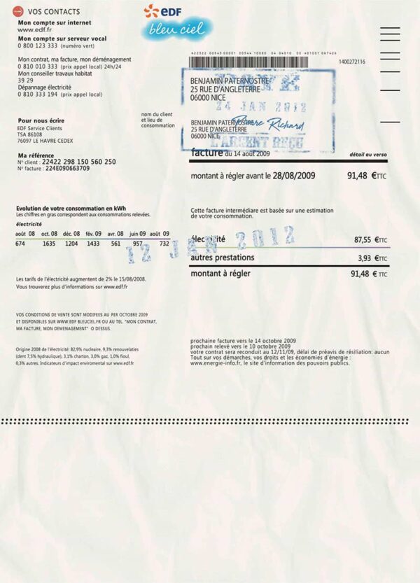 France Utility Bill PSD Template(EDF)- Fully editable