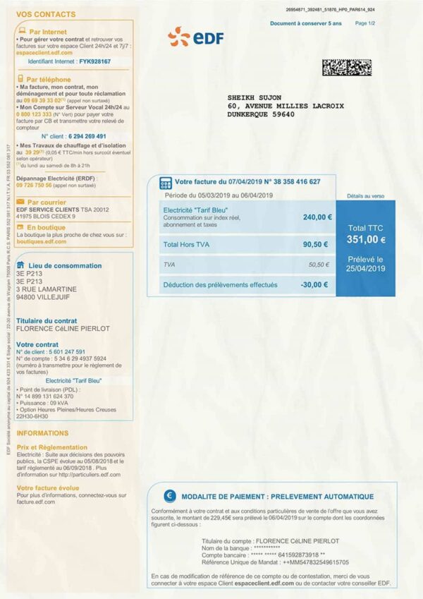 France Utility Bill PSD Template - Fully editable