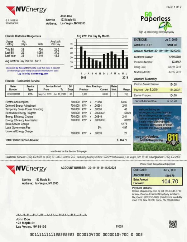 Nevada Utility Bill PSD Template- Fully editable