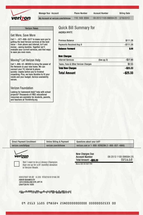 USA Utility Bill PSD Template (Verizon)- Fully editable