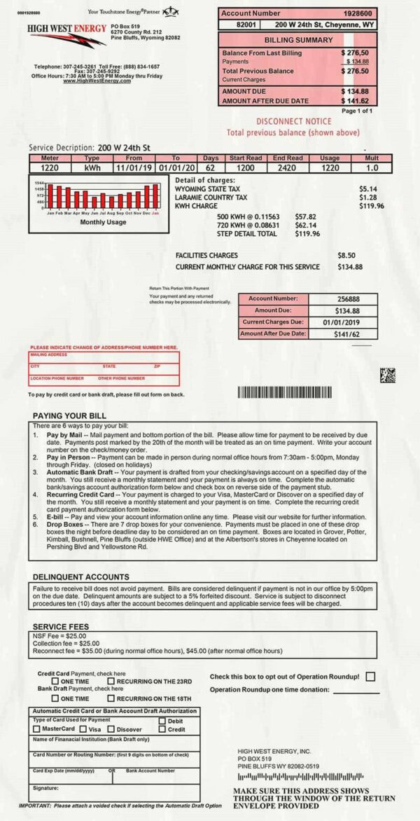 Wyoming Utility Bill PSD Template- Fully editable