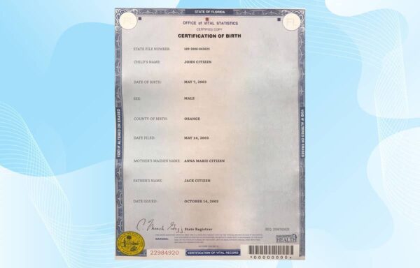 USA Florida Birth Certificate Template