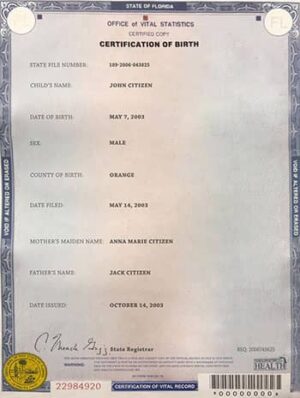 USA Florida Birth Certificate Template